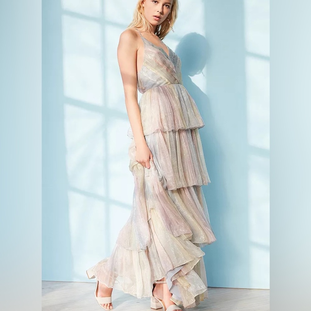 🦄 TIERS OF THE OCEAN Maxi Dress rainbow pastel w silver cupro Sz 2
